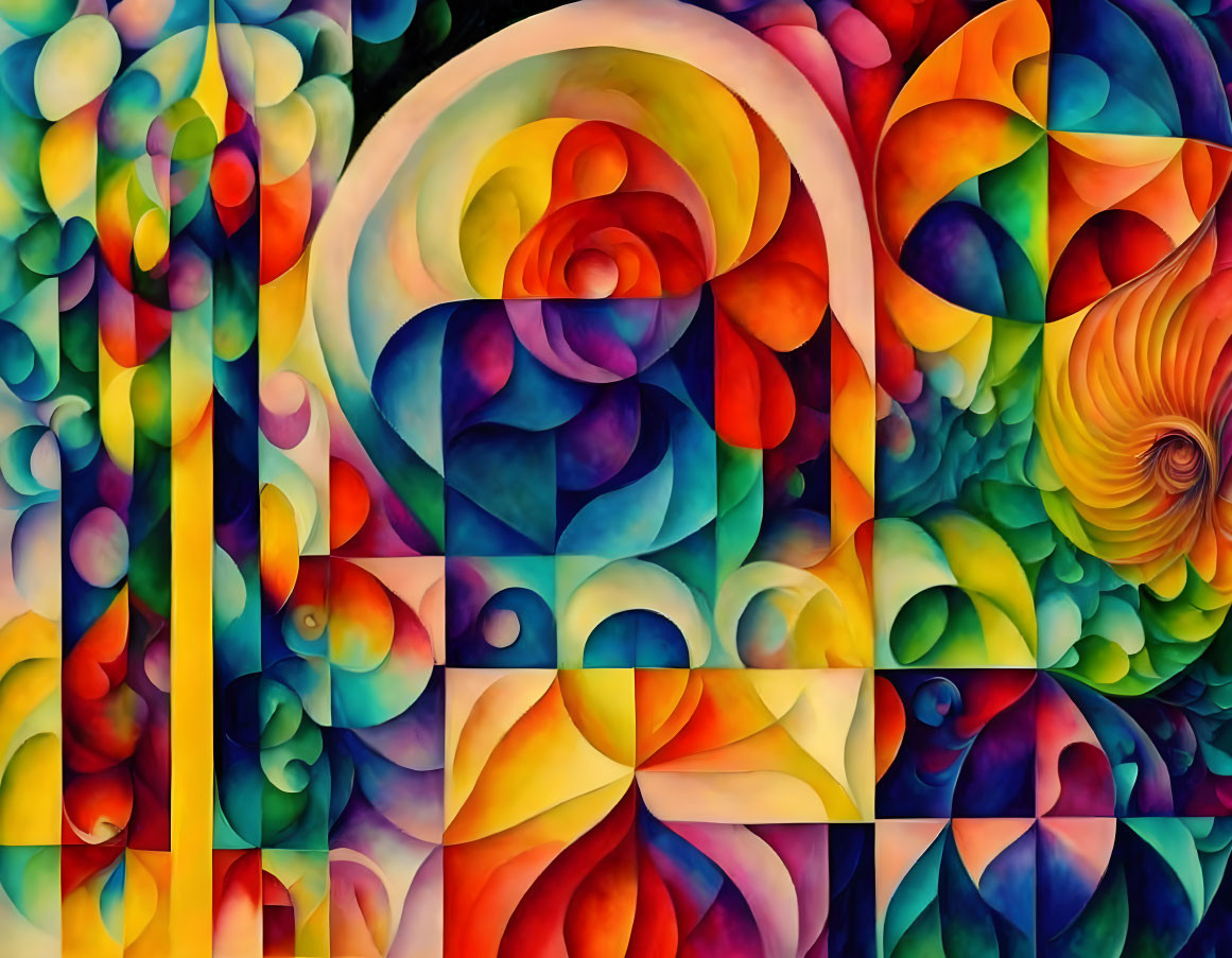 Colorful Abstract Painting with Swirling Patterns and Organic Shapes