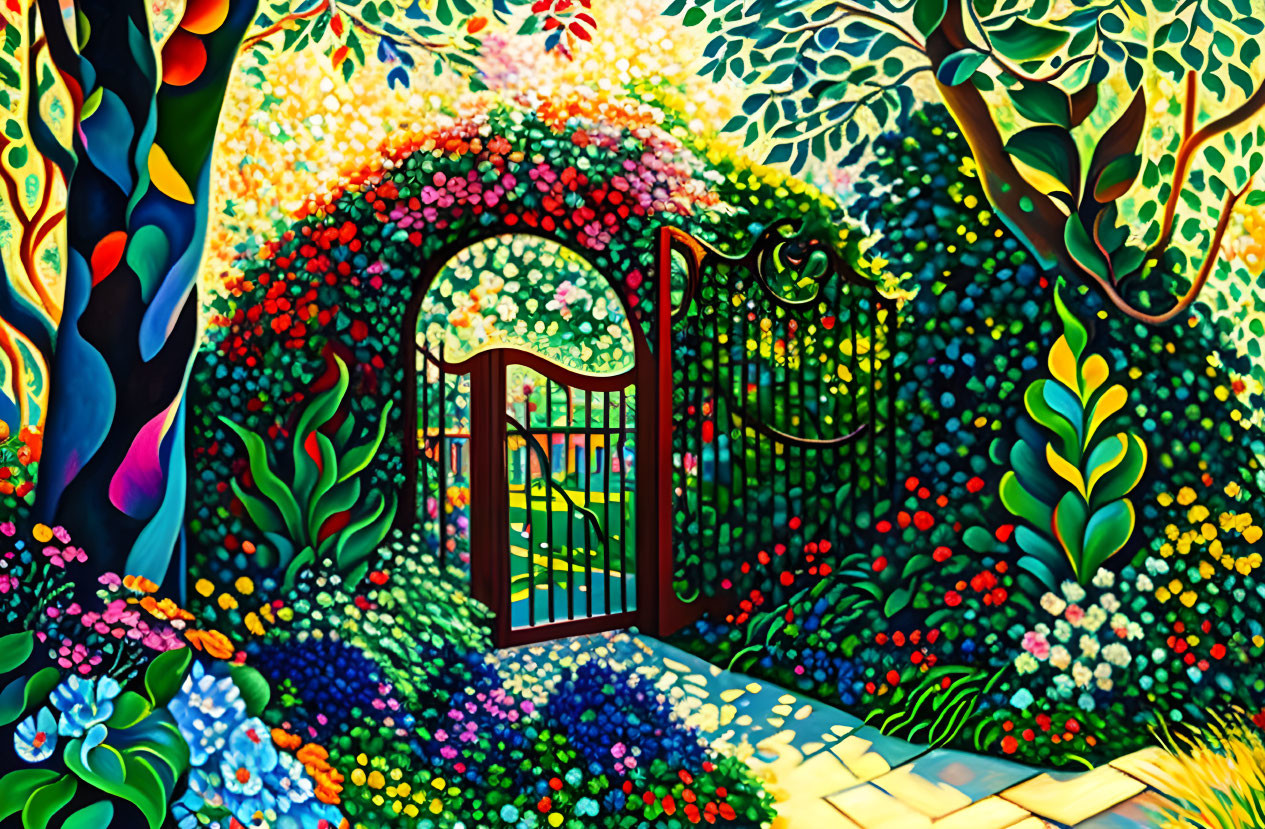 Colorful painting of lush garden with diverse flowers and ornate gate