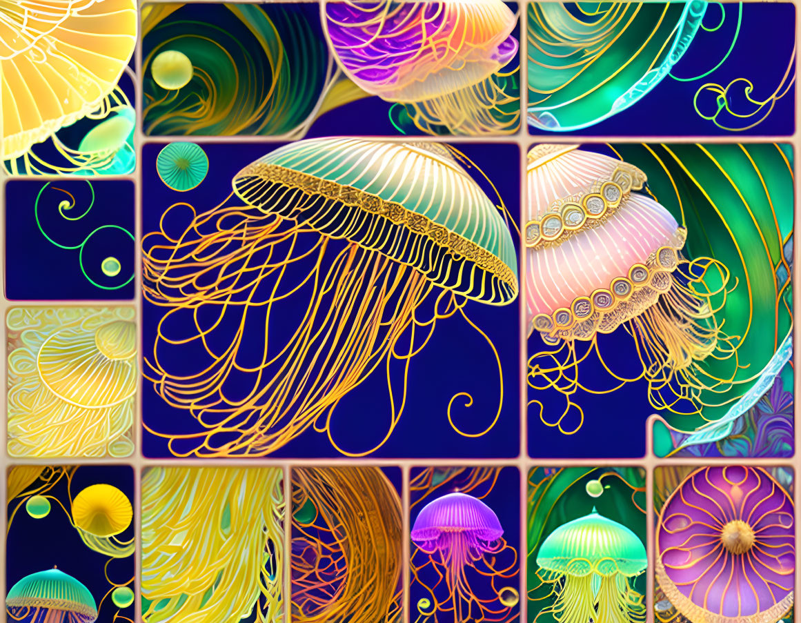 Colorful Jellyfish Collage with Intricate Patterns