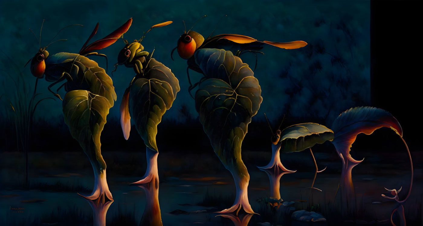 Anthropomorphic Insects on Water at Night in Moonlit Landscape