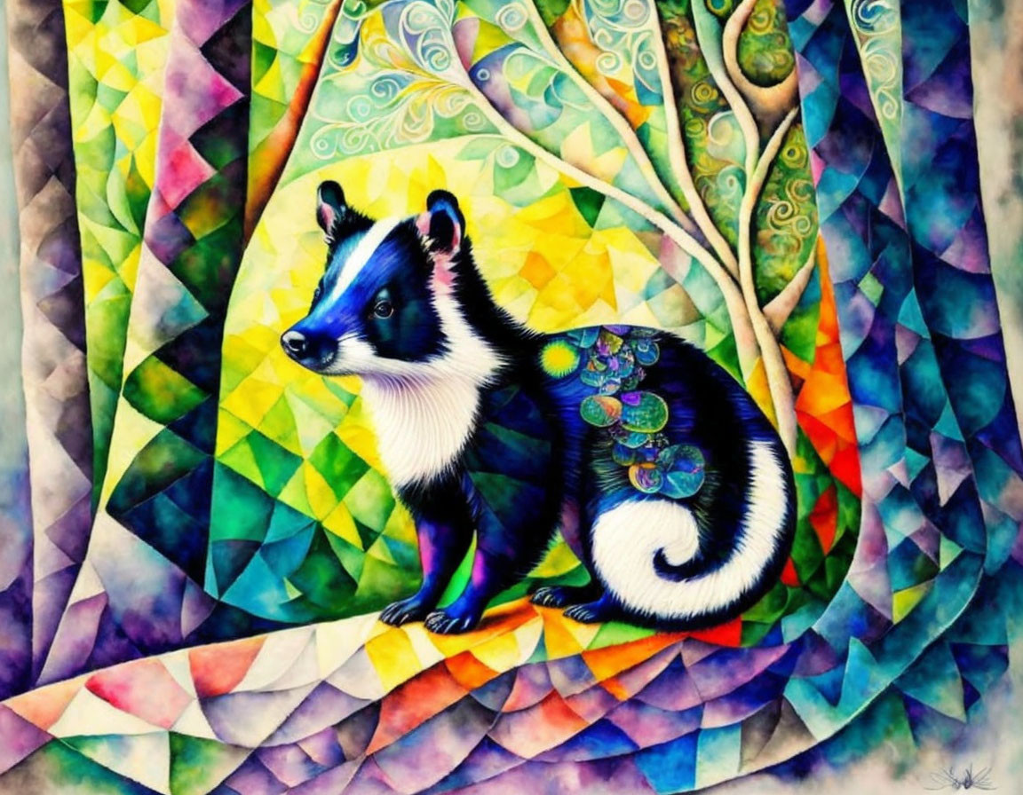 Colorful Badger Illustration with Mosaic Background
