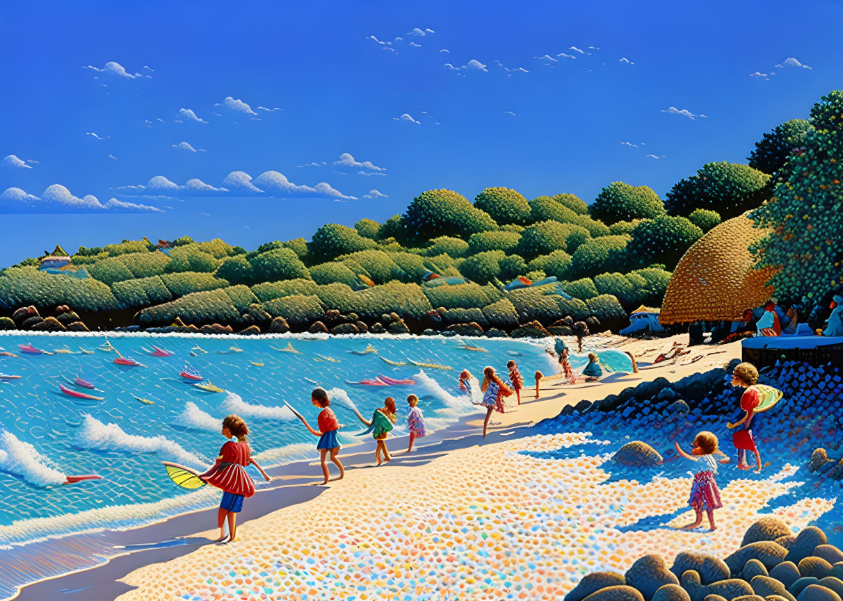 Colorful Beach Scene with People, Boats, and Greenery
