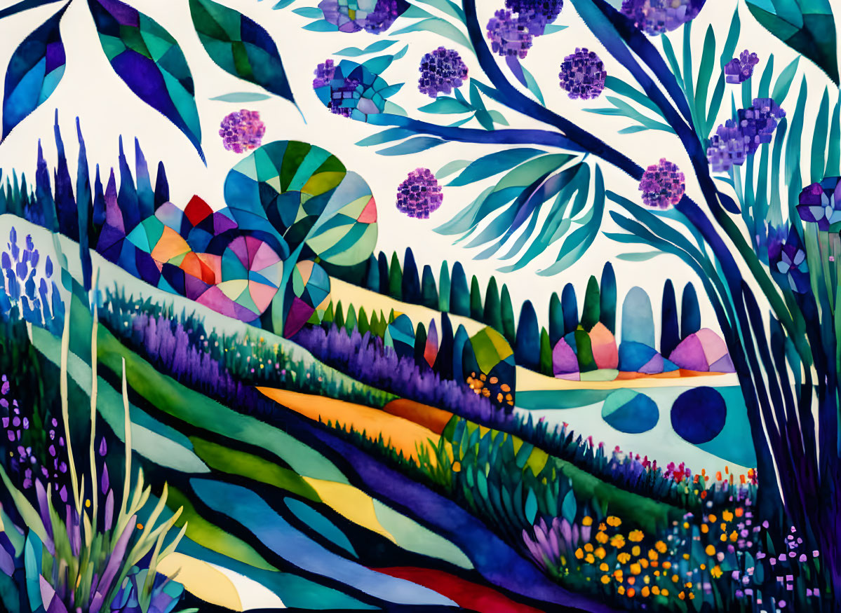 Abstract Watercolor Painting: Vibrant Floral & Botanical Shapes in Blue, Purple, Green, Yellow