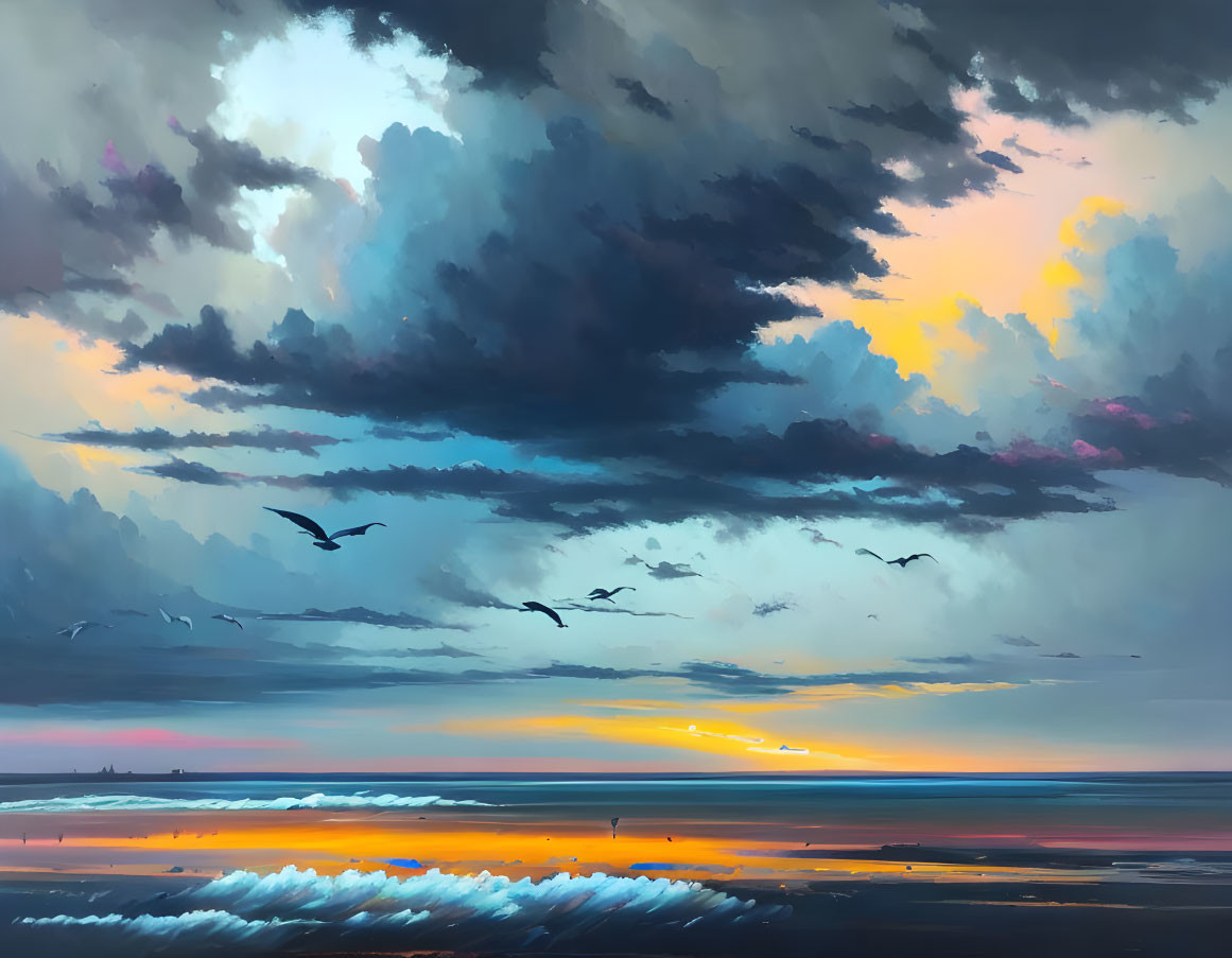 Vibrant seaside sunset with dark clouds, birds, and shimmering waves