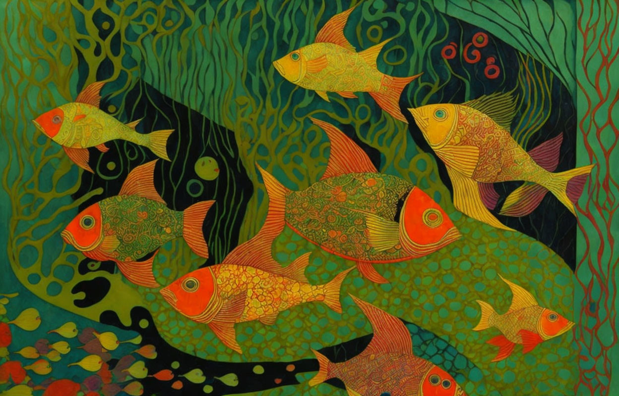 Stylized golden fish in vibrant underwater scene.