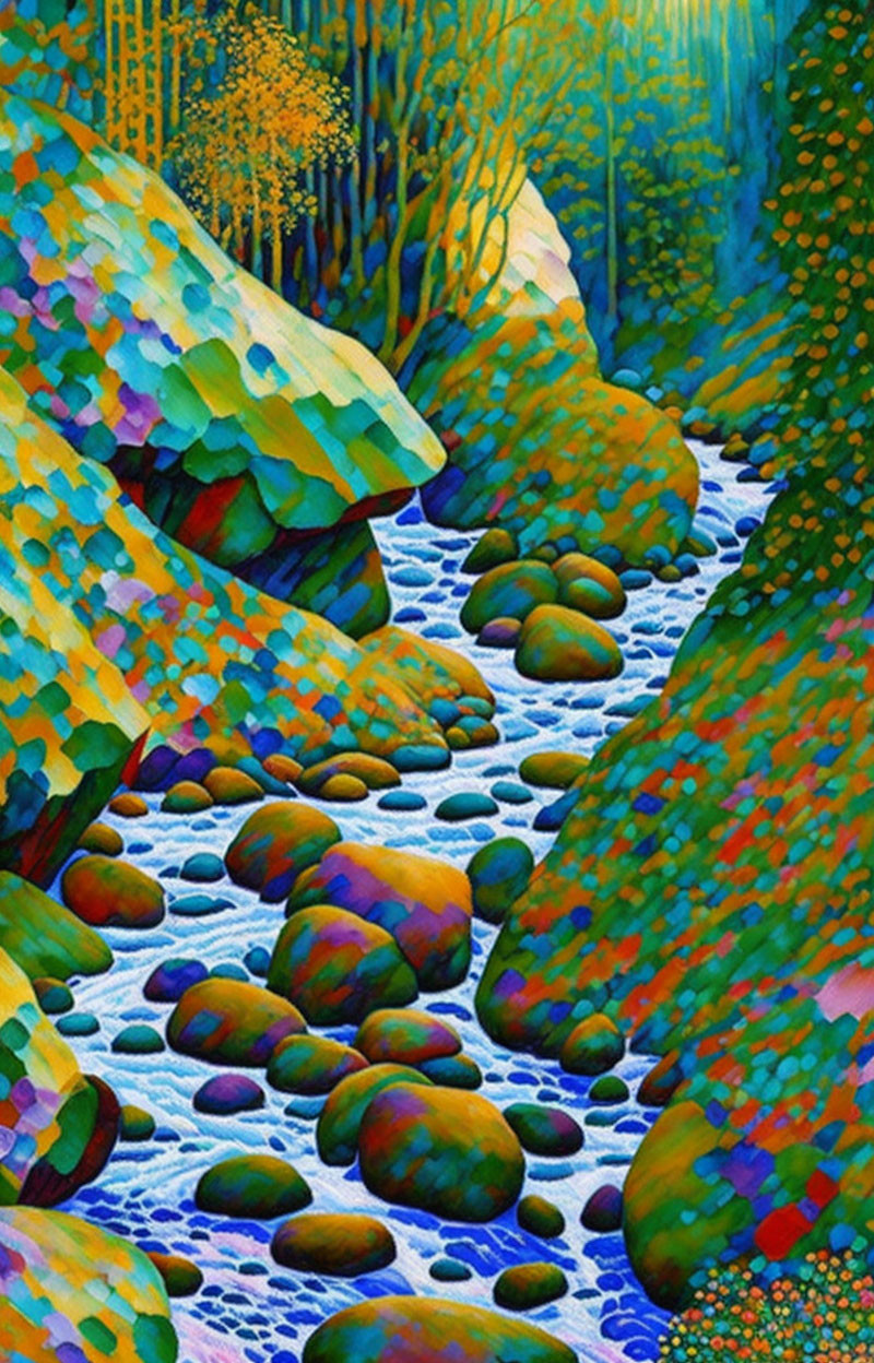 Colorful River Painting with Rolling Hills and Trees