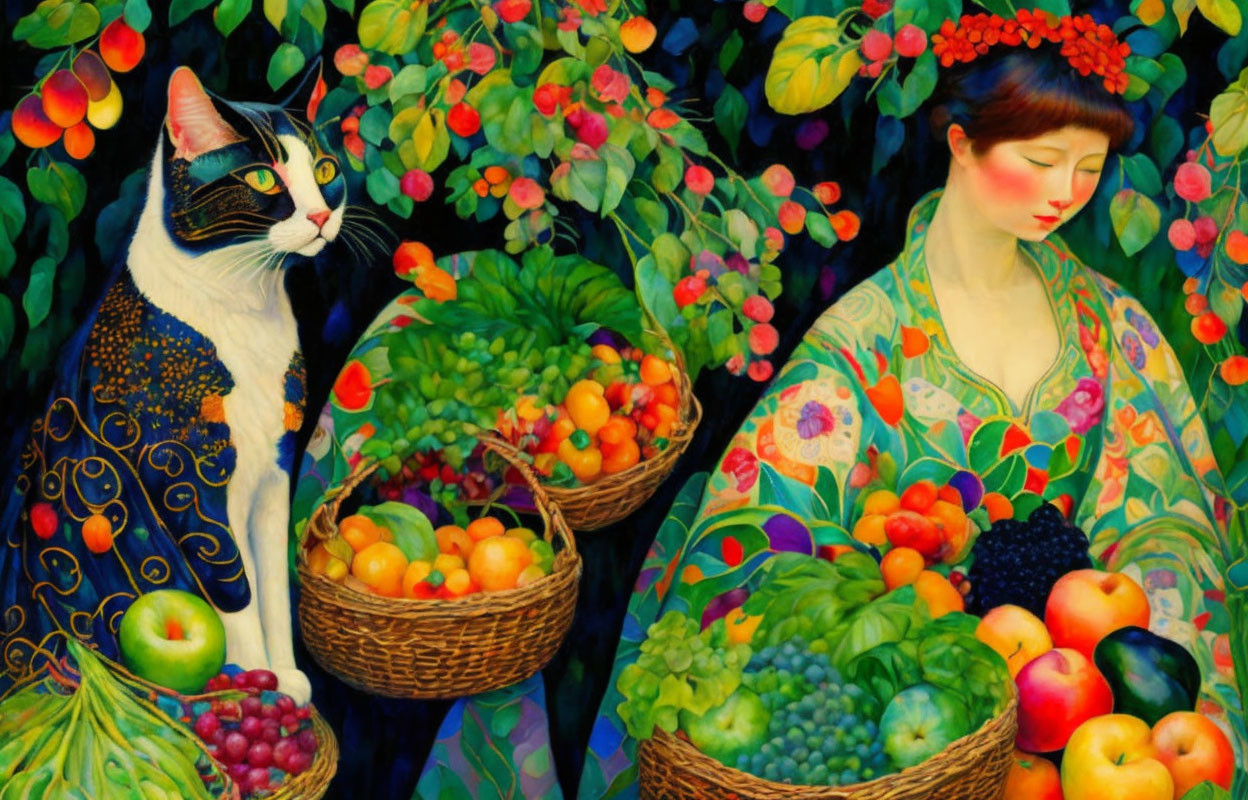 Colorful artwork: Woman in kimono with cat, fruit baskets, greenery