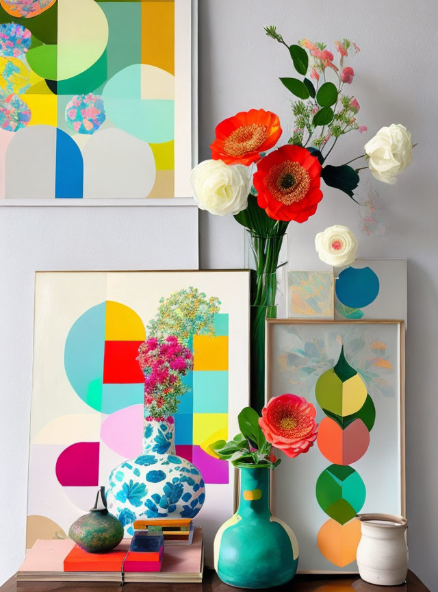 Colorful Abstract Paintings and Turquoise Vase with Flowers on Table