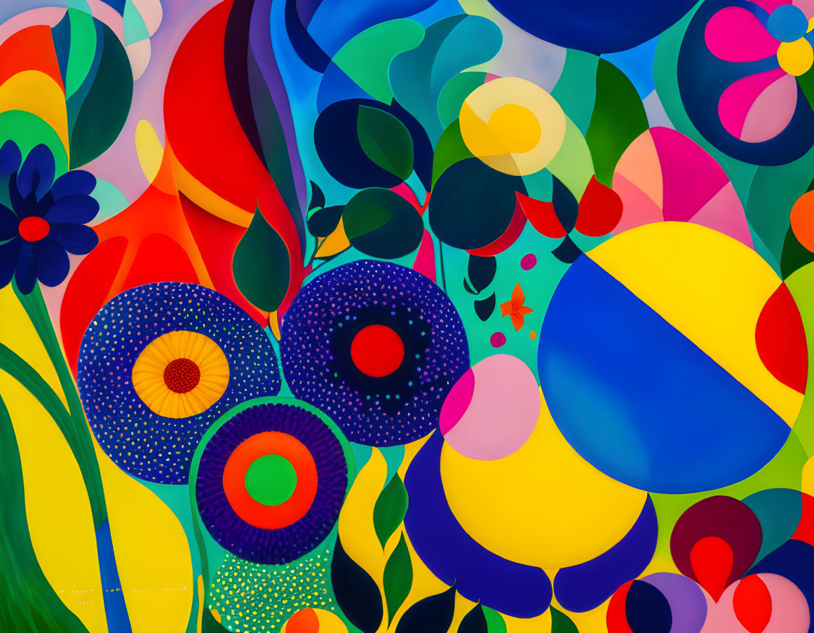 Colorful Abstract Painting with Bold Shapes and Flowers