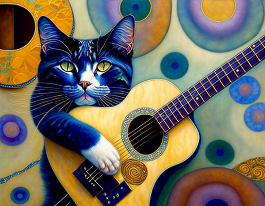 Vibrant Artwork: Stylized Blue Cat with Guitar in Colorful Patterns