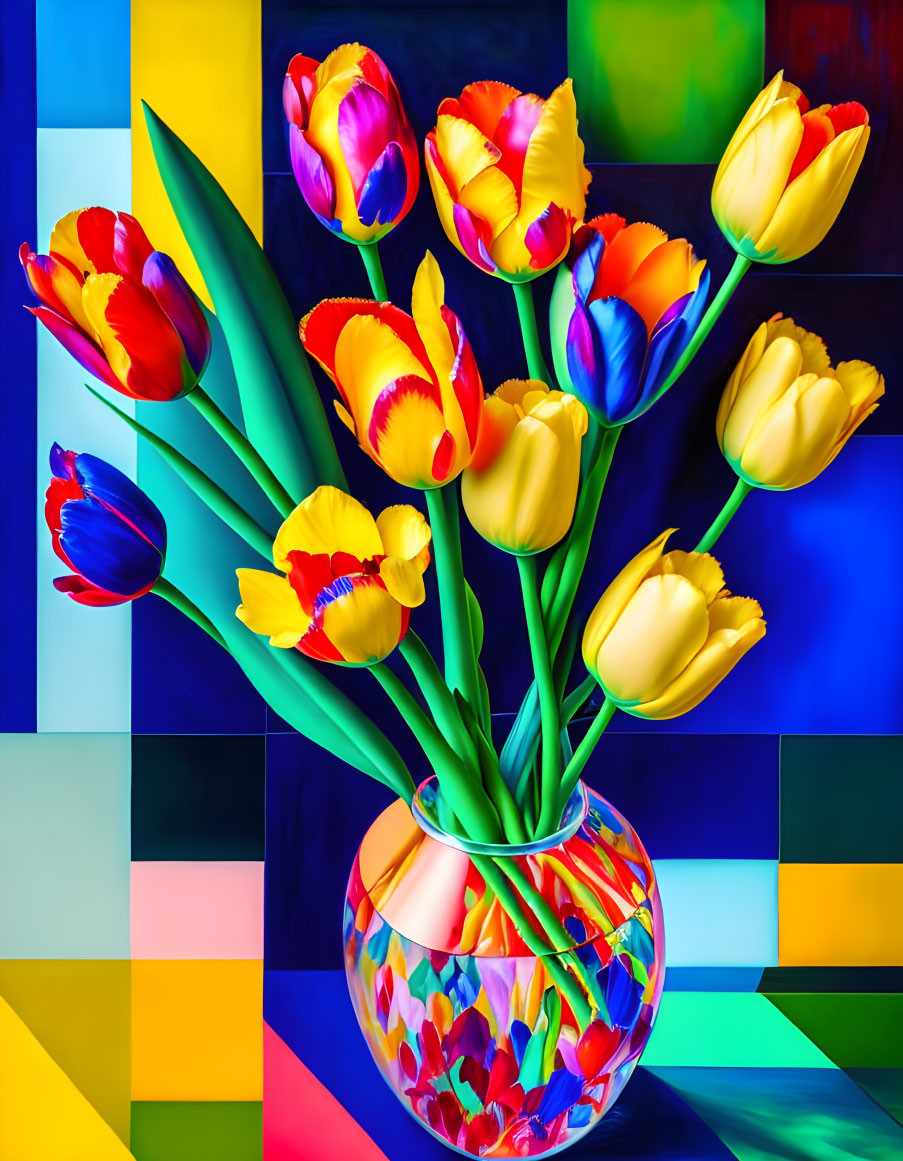 Vibrant Tulips in Colorful Vase on Abstract Geometric Background