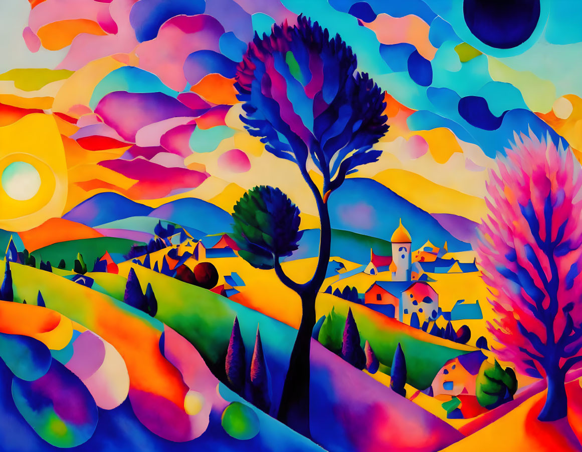Colorful landscape painting with rolling hills, village, trees, and whimsical sky.