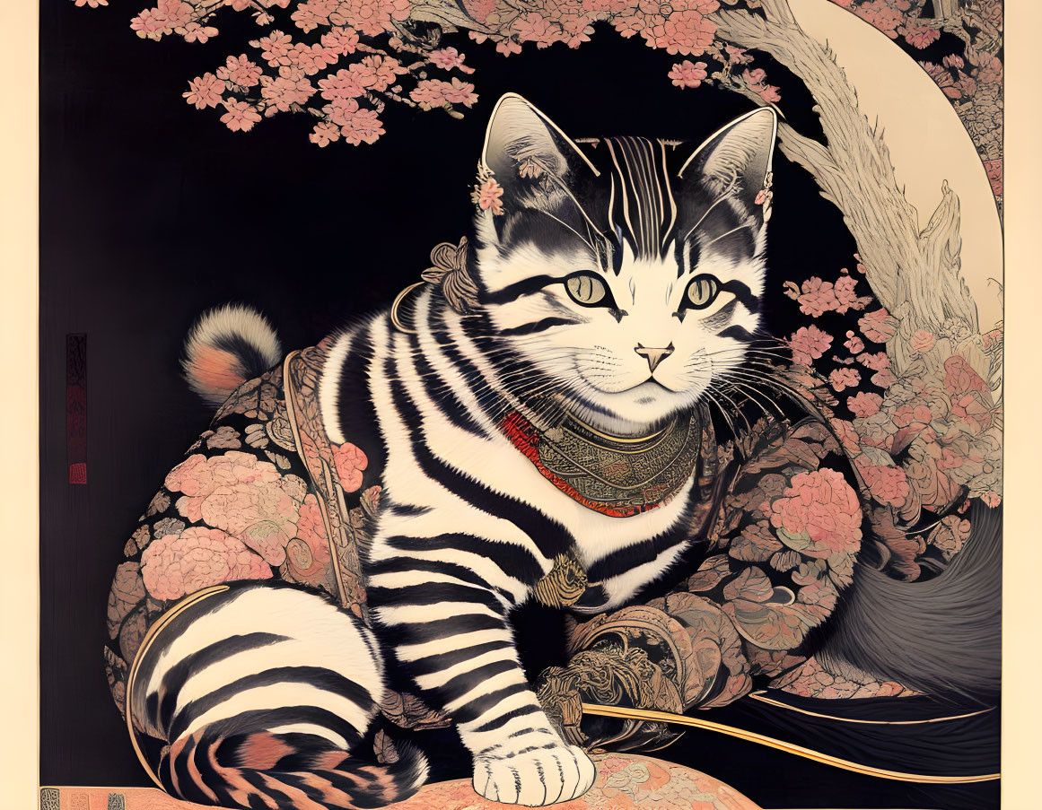 Tabby cat in Japanese attire with cherry blossoms on black background