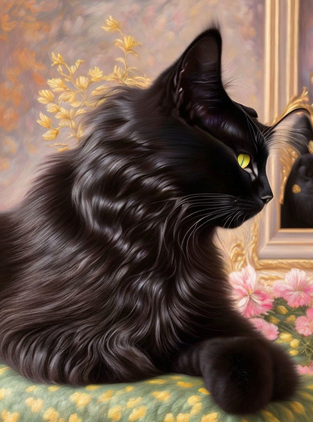 Black Cat with Yellow Eyes Against Ornate Floral Backdrop