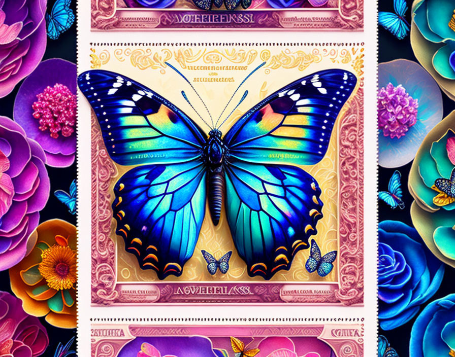 Detailed Blue Butterfly Illustration with Colorful Floral Border