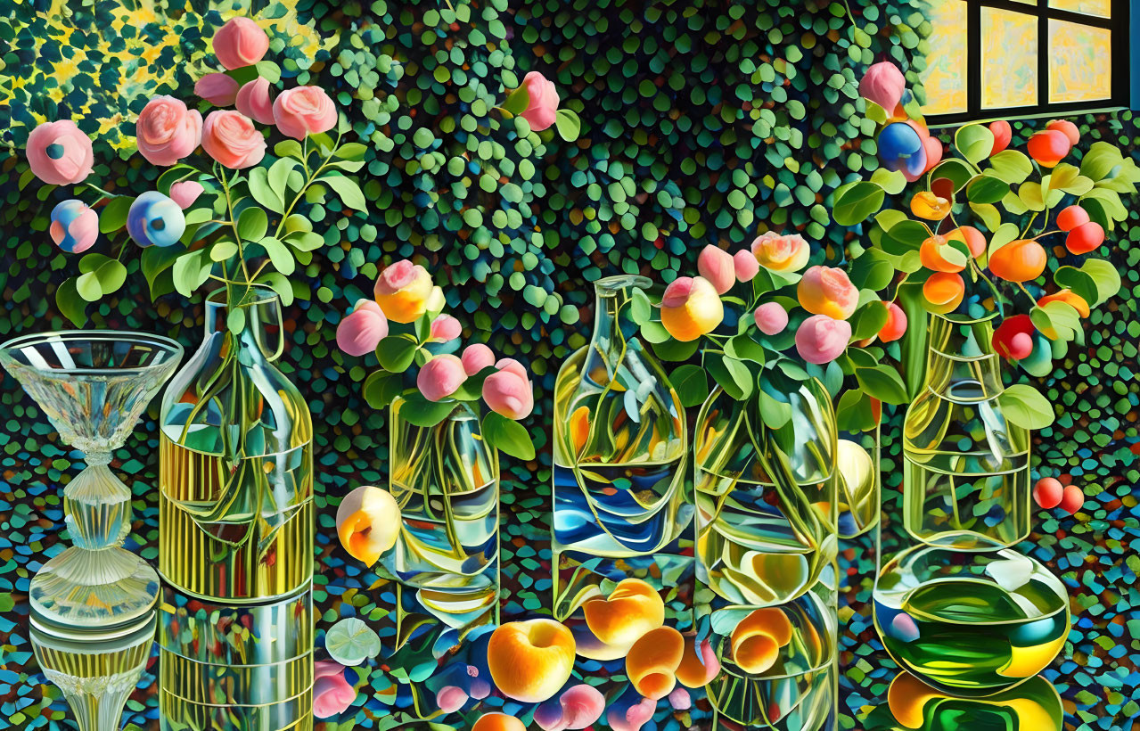 Vibrant painting of glass vases, water, flowers, and lush greenery