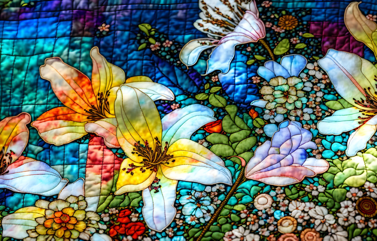 Vibrant floral design in colorful stained glass window