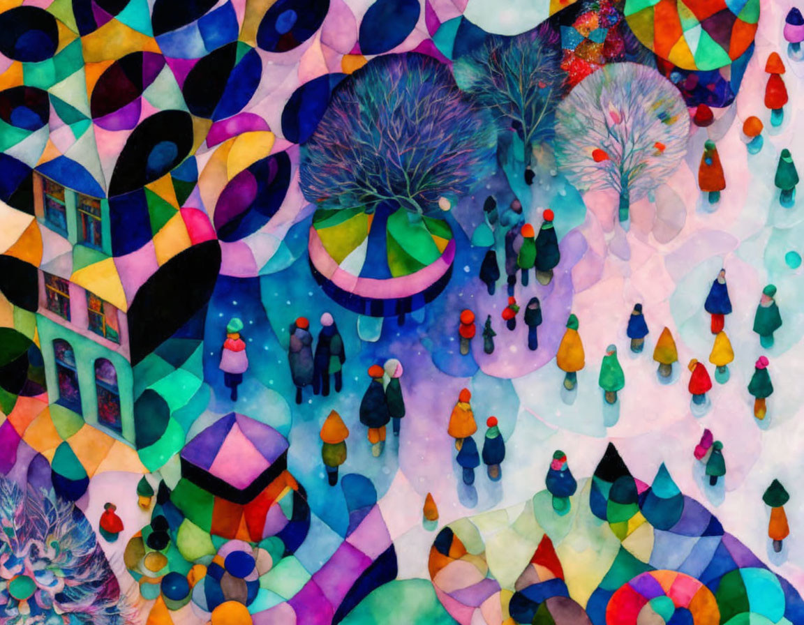 Vibrant abstract painting of a crowded winter plaza