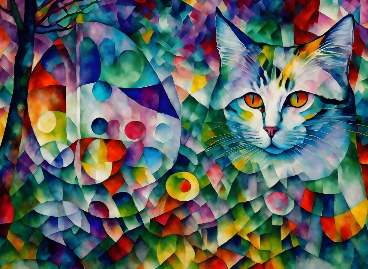 Abstract cat art with vibrant geometric shapes and colors