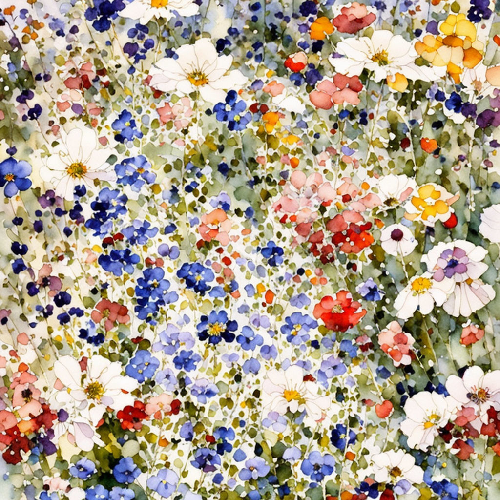 Colorful Watercolor Painting of Flower-Filled Meadow