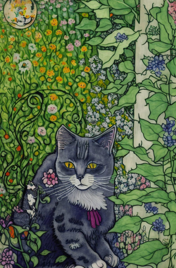 Gray Tabby Cat with Pink Collar in Floral Setting with Crescent Moon