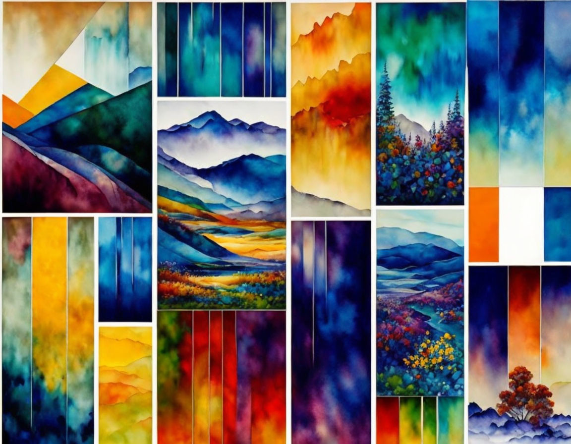 Vibrant Watercolor Collage of Landscapes: Mountains, Forests, and Meadows