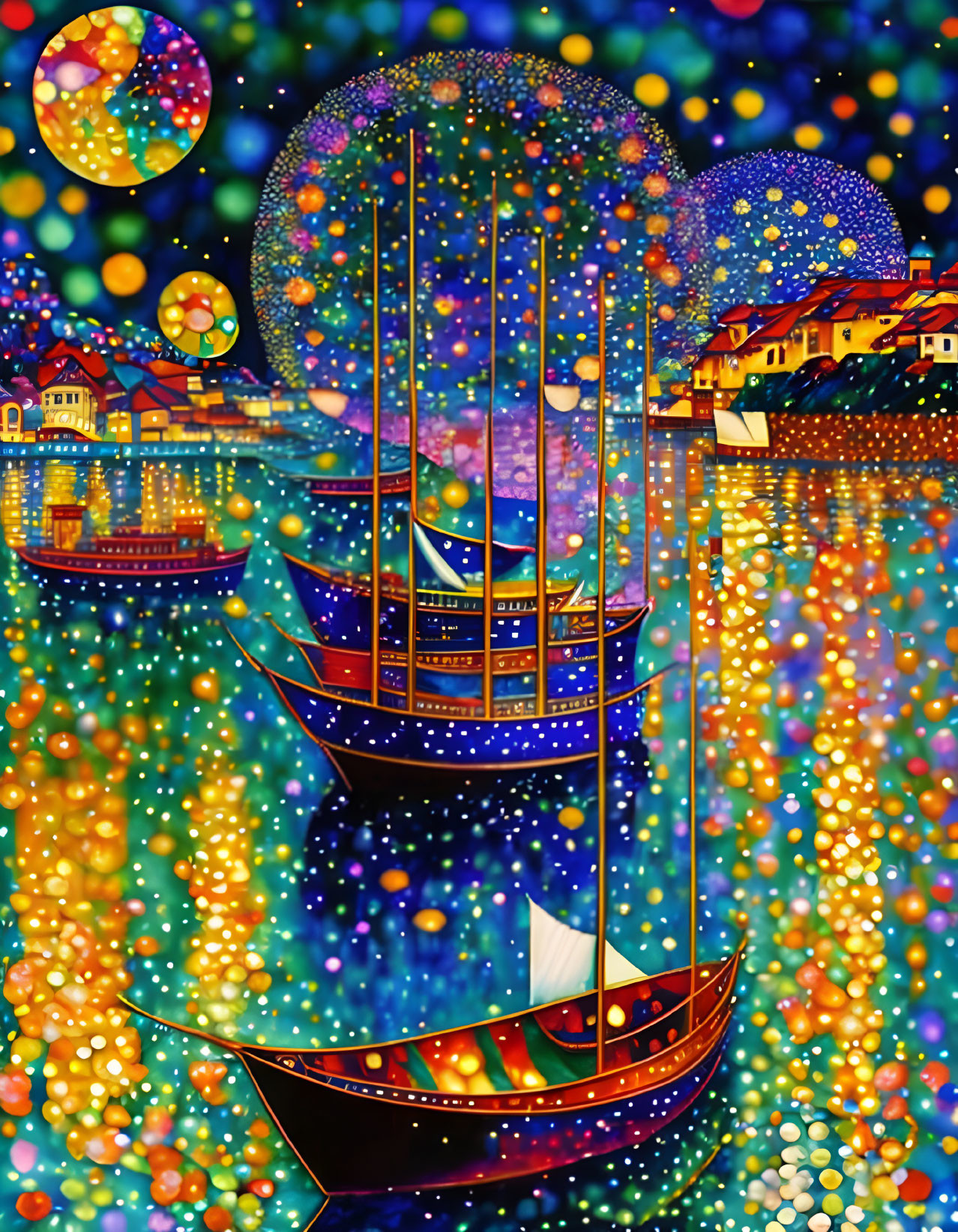 Colorful Sailboat Painting on Sparkling Water with Starry Sky & Village Shoreline