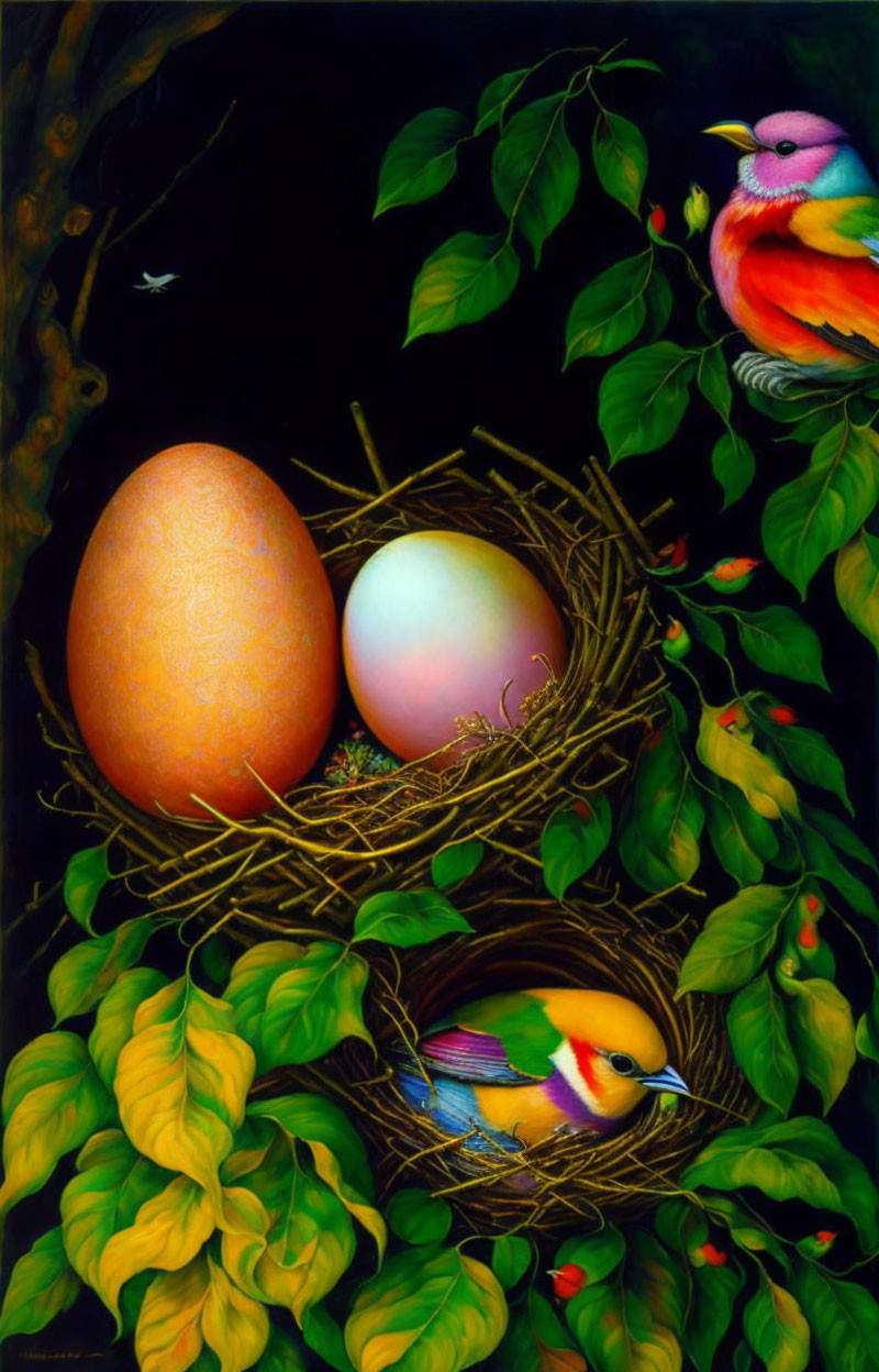 Bird's Nest Painting with Two Eggs and Colorful Bird