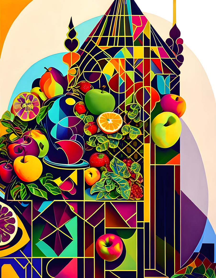 Colorful geometric cornucopia with lemons, apples, and berries against abstract cathedral backdrop