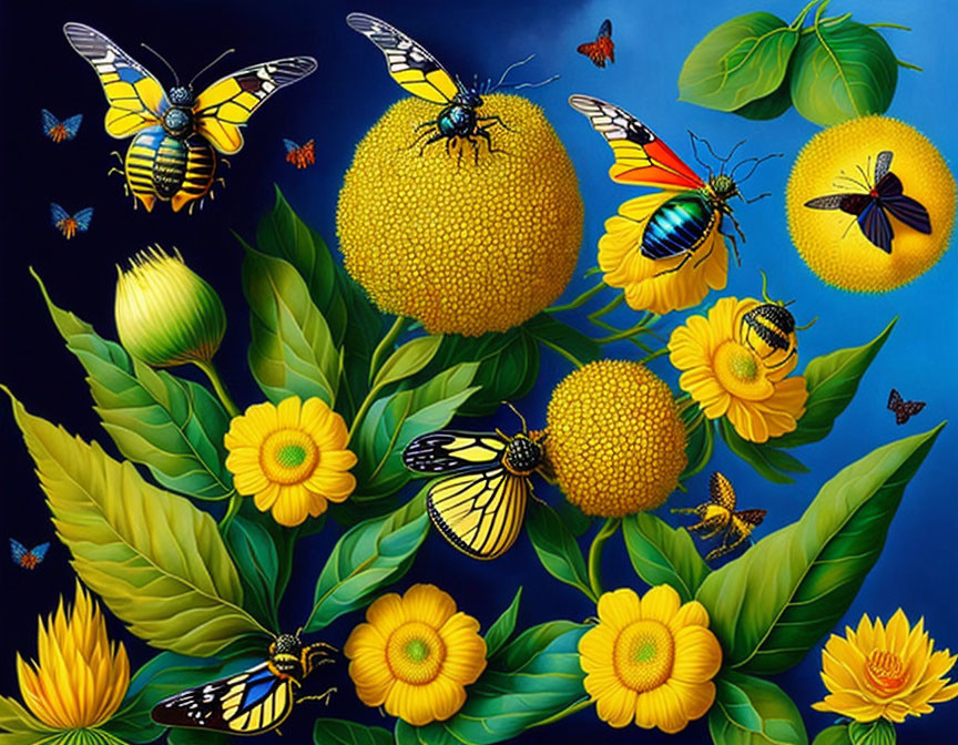 Colorful illustration: yellow flowers, bees, butterflies, beetles on blue.