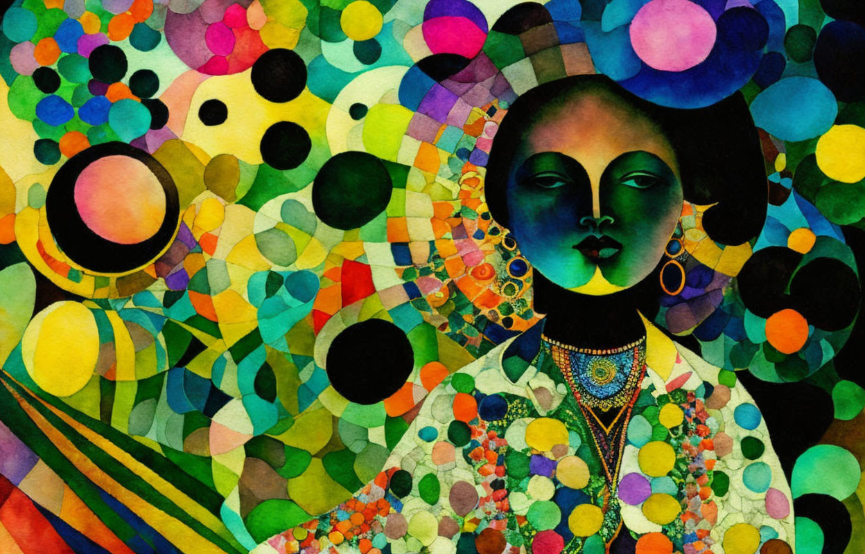 Vibrant abstract painting with green-skinned female figure & geometric patterns