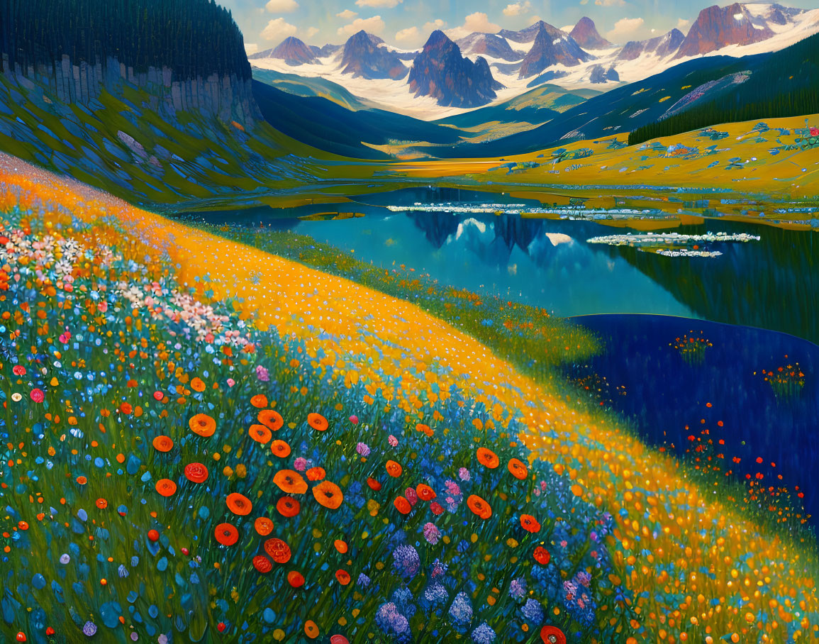 Scenic landscape with wildflower meadow, blue lake, and mountains