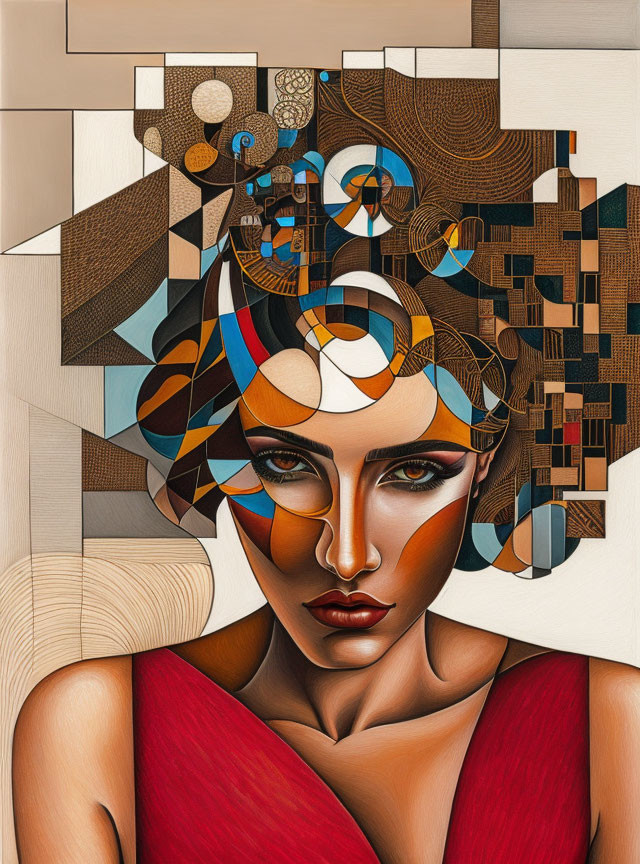 Abstract Portrait of Stylized Female Figure with Geometric Patterns