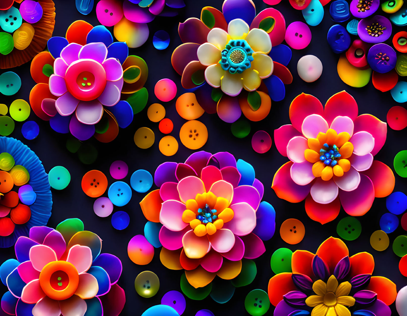 Colorful Paper Flowers with Buttons on Dark Background
