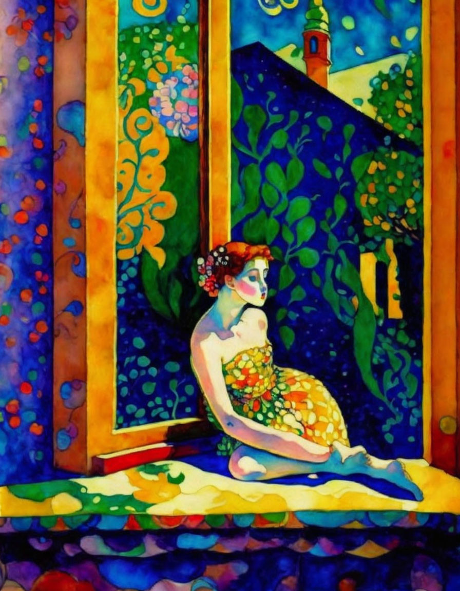 Colorful Stained-Glass Style Painting of Woman by Vibrant Window
