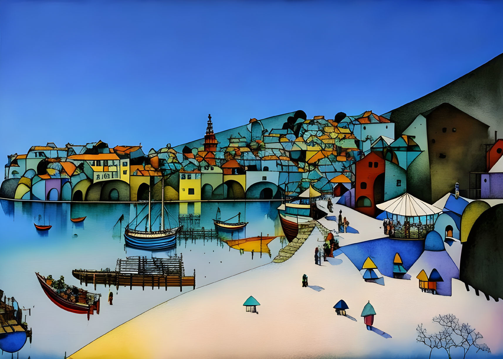 Vibrant coastal village scene with boats, tents, and people under blue sky