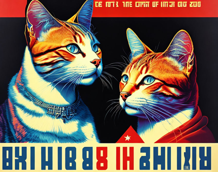 Stylized cats in human attire with Cyrillic text on red and blue background