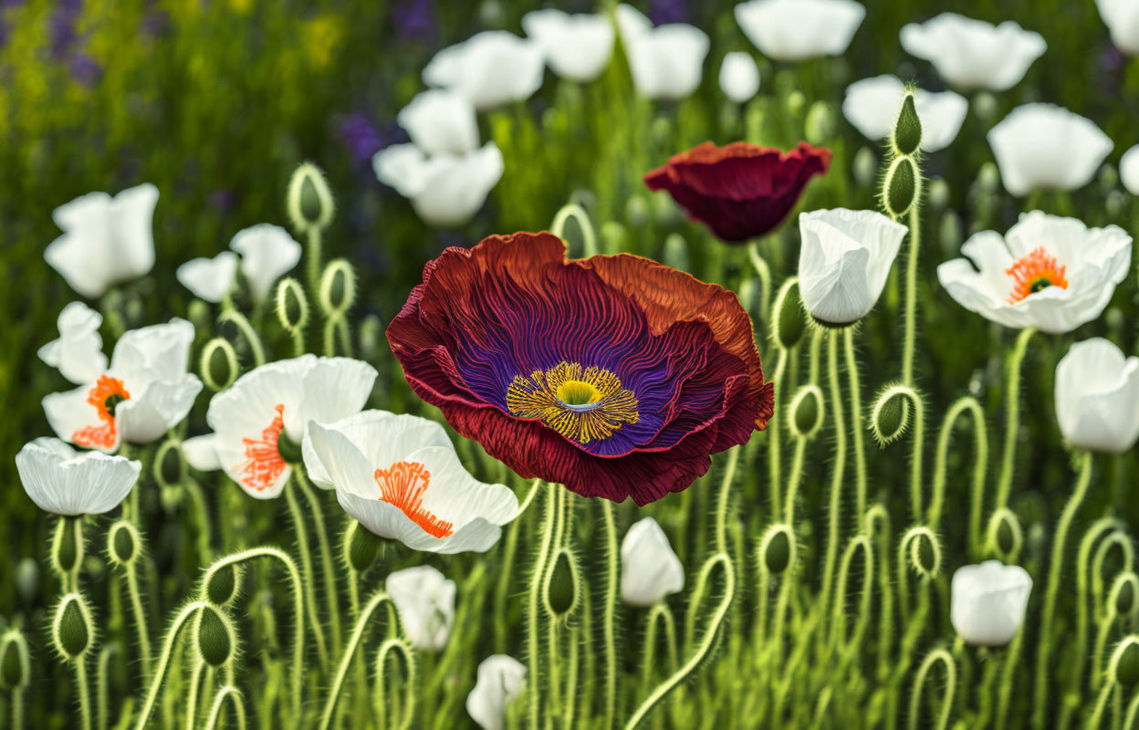 Vibrant red poppy among white and green flowers in colorful garden