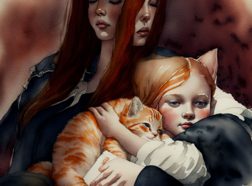 Watercolor illustration of woman, child, and kitten embracing on dark warm background