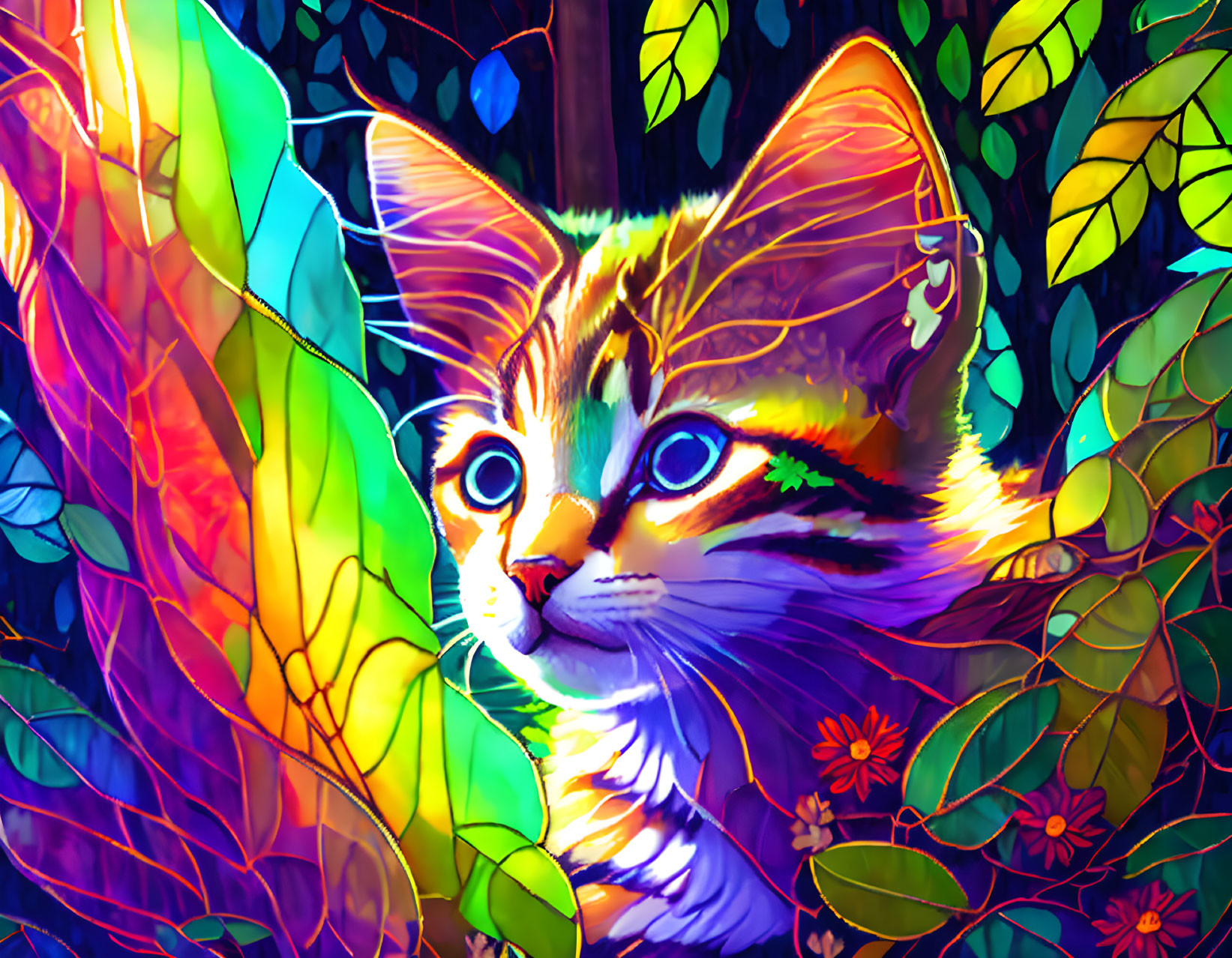 Colorful Digital Artwork: Cat with Vibrant Hues and Leaf Patterns