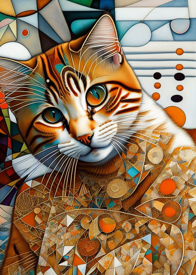 Colorful Stylized Cat with Geometric Patterns in Vibrant Hues