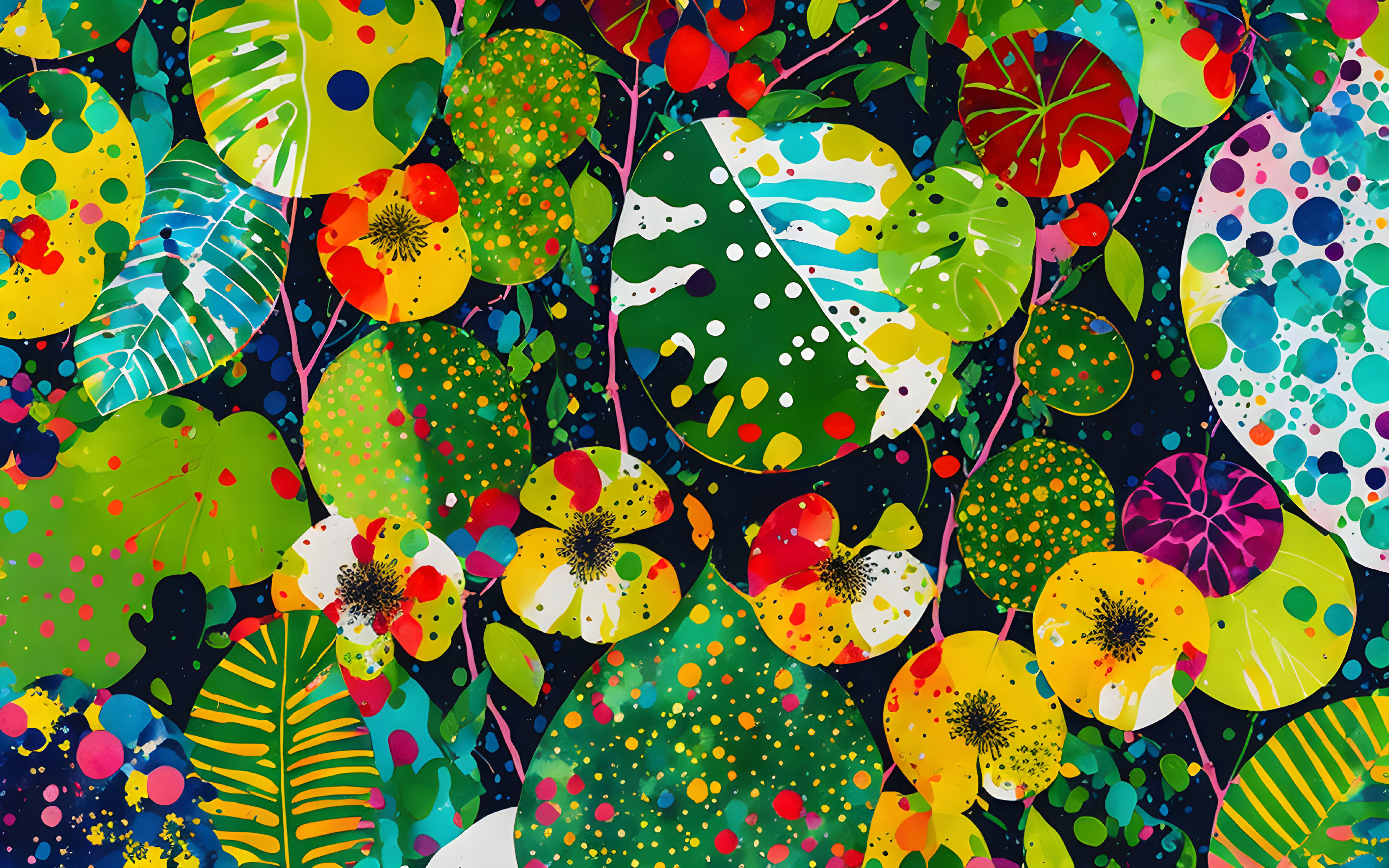 Vibrant Tropical Leaves and Floral Elements on Dark Background