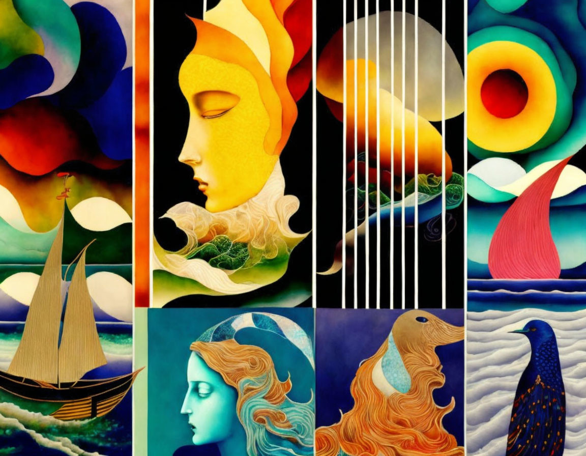 Colorful Surrealist Art Collage: Abstract Landscapes, Human Profiles, Ship, Music Strings