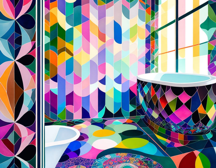 Colorful Geometric Interior Design with Pink, Blue, and Green Hues