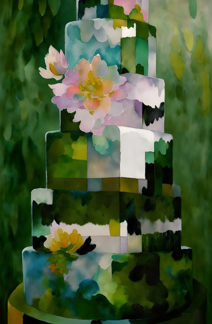 Floral-themed multi-tiered cake in green, yellow, and blue shades on blurred foliage background