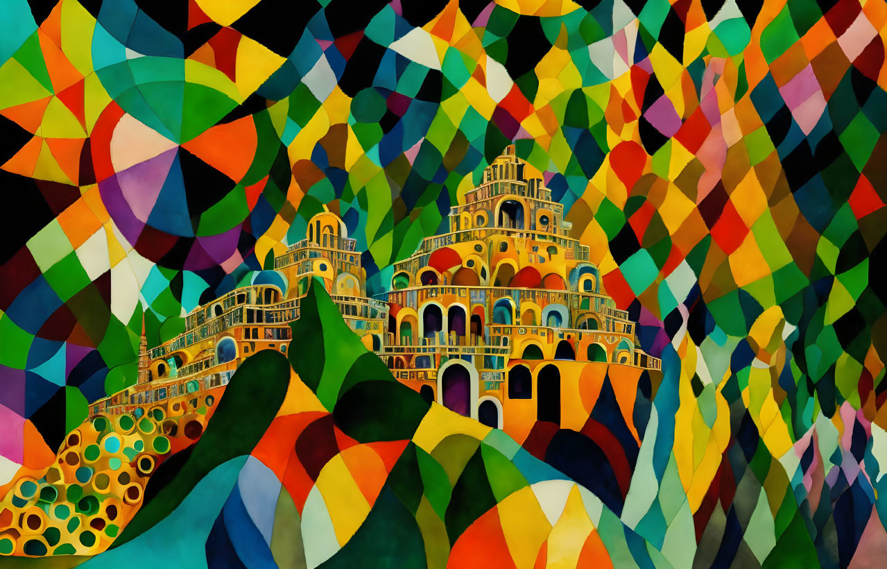Abstract geometric art: Colorful, layered shapes create intricate landscape with architectural elements