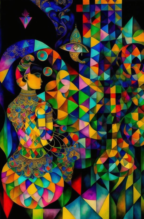 Colorful Geometric Abstract Painting of Stylized Woman Profile