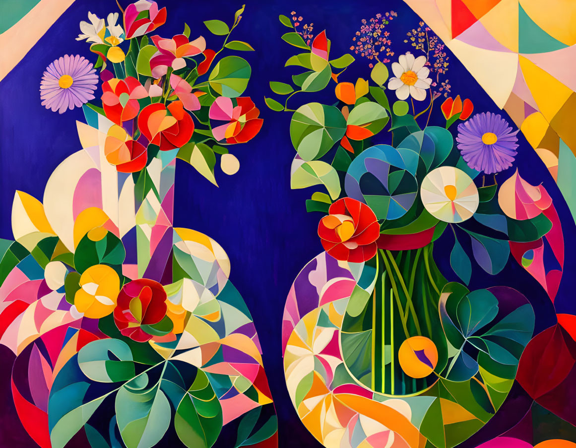 Colorful Abstract Painting: Floral Bouquets & Geometric Shapes
