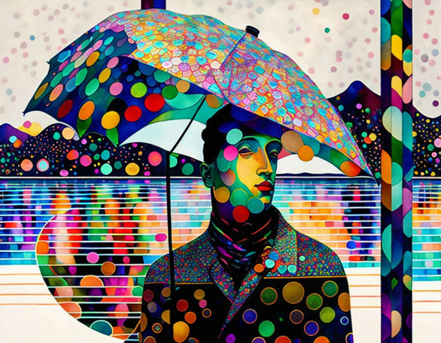 Vibrant Pop Art Image of Person with Dotted Umbrella