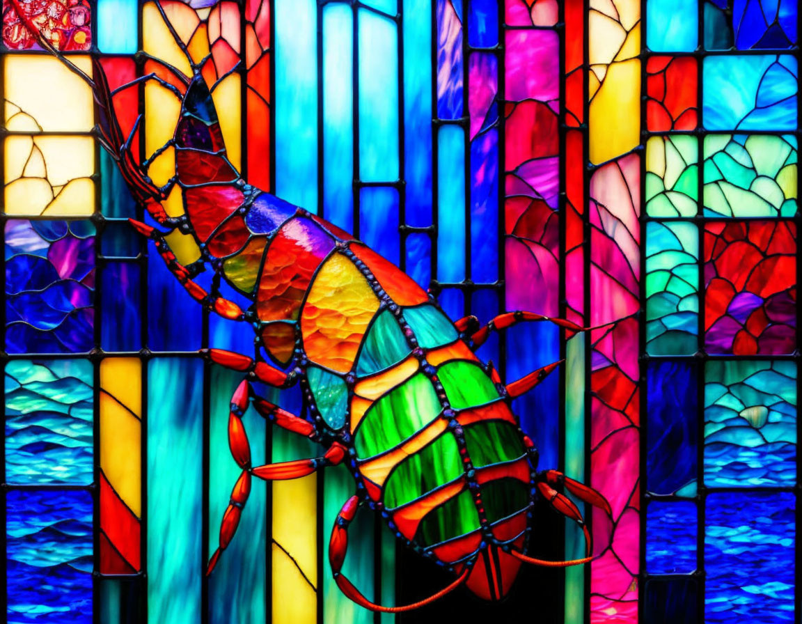 Colorful lobster mosaic on vibrant stained glass